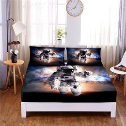 Set Astronaut Digital Printed 3pc Polyester Fitted Sheet Mattress Cover Four Corners with Elastic Band Bed Sheet Pillowcases