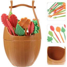 Dinnerware Sets 17pcs Eco-friendly Biodegradable Leaves Fruit Forks With Barrel Holder Salad Picks Cocktail Sticks Kitchen Accessories