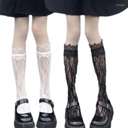 Women Socks Japanese Floral Lace Knee High Harajuku Preppy Style Eyelash Trim Patchwork Solid Color Princess 37JB