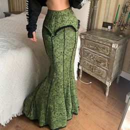 Women Vintage Green Long Skirts High Waist Lace Floral Maxi Skirt Fairycore Grunge Mermaid Skirts Aesthetic Bodycon Y2k