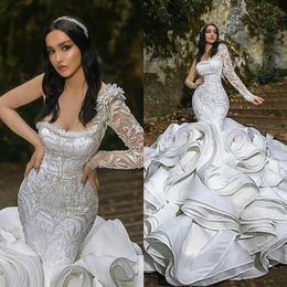 2021 Luxo Babados Vestidos De Noiva Sereia Plus Size Um Ombro Capela Trem Lindos Vestidos De Noiva Árabe Nigeriano Casamento Dre276I