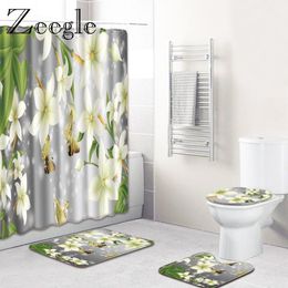 Mats Zeegle Waterproof Shower Curtain with Hooks Bath Mat Set Absorbent Toilet Seat Cover Mat Washable Bathroom Floor Rugs