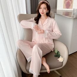 Women's Sleepwear Pink Pyjamas Women Long Sleeve Sleep Set Lace Trim Loungewear Satin Two Pieces With Buttons Shirt&Pants Suit