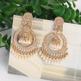 Dangle Earrings Classic Vintage Gold Colour Round Women's Bohemian Flower Bells Pearl Tassel Jhumka Jewellery