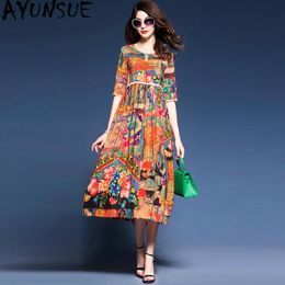 Dresses Ayunsue Women's Summer Silk Dress Elegant A Line Floral Boho Long Dress Clothes Beach Dresses Vestidos Verano 2022 Kj1884