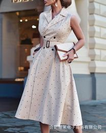 Dress Full Body Polka Dot Sleeveless Lapel Professional Waist Waist Long Dress