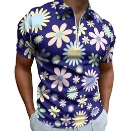 Men's Polos Field of Daisy Casual T-Shirts Flower Power Print Polo Shirts Zipper Y2K Shirt Male Design Clothing Plus Size 5XL 6XL 230617