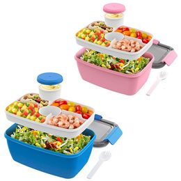 Bento Boxes 2L/1.1L Salad Box Lunch Box Large Fresh-keeping with Sauce Box Rectangular Plastic Compartment Sealed Food Storage Containers 230617