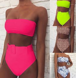 Bikinis Set With Belt Solid Print Swimwear Women Strapless High Waist Bikini Female Beach Wear Two Piece Bathing Swimming Suit
