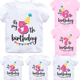 T-shirts Girl Birthday Cartoon T Shirt for Girls Tshirt number 2 3 4 5 6 7 8 Graphic Kids Clothes Boys Letter Print Summer Short Sleeved 230617