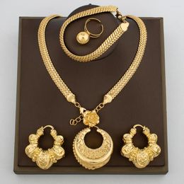 Necklace Earrings Set African Gold Plated Jewelry For Women Hoop And Pendant Chain Bracelet Ring 4Pcs Party Weddings
