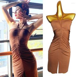 Stage Wear Brown Halter Neck Latin Dance Dress Women Sexy Costume Rumba Practise Performance Clothing Party Club DNV16689