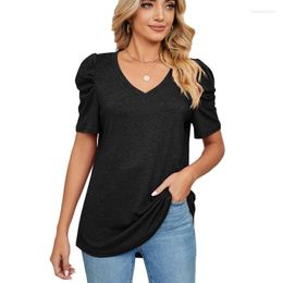 Women's T Shirts Women Summer Casual Ruched Puff Short Sleeve Loose Fit T-Shirt V-Neck Basic Plain Solid Colour Pullover Blouses Tunic Top