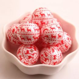 Crystal Red Colour 20MM 100pcs Chunky Acrylic Matte Imitation Pearl Print Christmas Deer Beads For Kids Necklace Jewellery