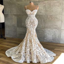 100%Real Image Mermiad Wedding Dresses Full Lace Beach Wedding Gowns Bridal Spaghetti Straps Robe De Mariee Custom Made245u