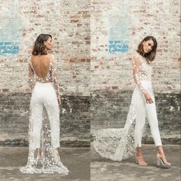 Beach Jumpsuit Wedding Dresses Jewel Neck Long Sleeve Backless Ankle Length Bridal Outfit Lace Summer Bride Gowns277L