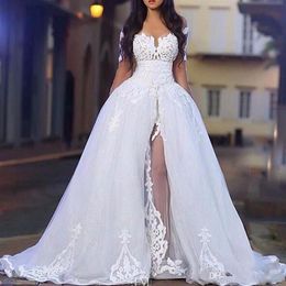 Elegant Off The Shoulder Wedding Dresses For Arabic Women with Overskirt Long Sleeve Lace Bridal Wedding Ball Gowns with Detachabl207I