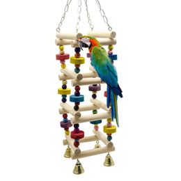 Toys Wooden Bird Parrot Swing Ladder Toys Hanging Bird Chewing Climbing Stand Perch With Bell Playground Colorful Bite Block Bird Toy