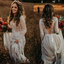 Bridal Dresses 2020 See Through A-line Backless Long Sleeve Bohemian Country Wedding Dresses Lace Tulle Beach robes de mariee267A