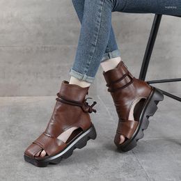 Sandals Cowhide Slope With Waterproof Platform Roman Shoes Genuine Leather Retro Hollow 2023 Summer High-top Women's