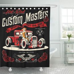 Curtains Red Vintage Hot Rod Cars and Pin Up Girls Shower Curtains Sets