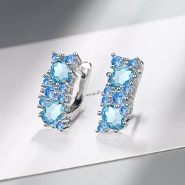 Hoop Earrings 925 Silver Needle Earring For Women Fashion Ear Pin Fine Jewellery Kids Gifts Top Quality Sky Blue Zircon