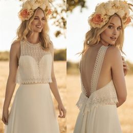 2020 Modest Rembo Styling Bohemian Simple Jewel Sleeveless Backless Wedding Dresses Lace Ruffles Wedding Gowns Sweep Train robe de200a