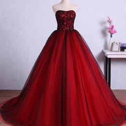 Unique Colourful Wedding Dresses Red and Black Strapless Lace-up Corset Back Beaded Lace Top Tulle Skirt Bridal Gowns Custom Made C280s