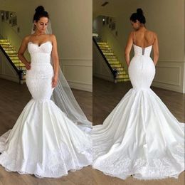 Sexy Spaghetti Straps Wedding Dress Mermaid Corset Back Flower Pattern Lace Satin 2021 Stunning Bridal Gowns Customize Plus Size230m