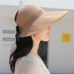 Wide Brim Hats 2023 Fashion Sun Visor Beach UV Protection Straw Hat Empty Top Bow Cap For Outdoor Summer Women's Caps