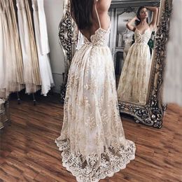 Fashion Sexy Backless Wedding Dress Spaghetti Straps Champagne Lace Appliques Ivory Bohemian Wedding Dresses Bridal Gowns Sweep Tr263D