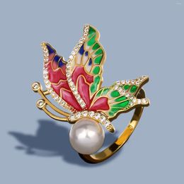 Cluster Rings CIZEVA Luxury Nature Freshwater Pearls Ring For Women Handmade Colorful Enamel Butterfly Wedding Party Trendy Jewelry Gift