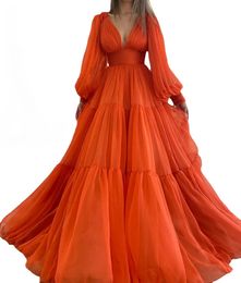 Beautiful Tulle Prom Dresses V Neck Custom Made Long Sleeves Party Gowns Cheap Special Occasion Dresses