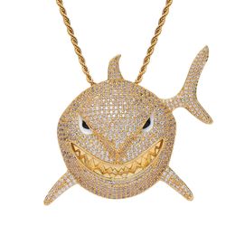 Hip Hop Rapper shiny diamond pendant necklace fashion 6ix9ine Large Shark pendant personality creative copper micro-inset full zircon jewelry 60cm necklace 1341