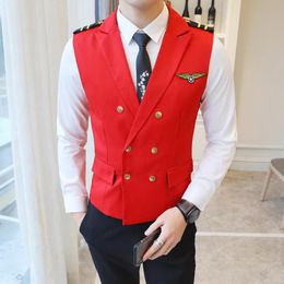 Vests New Dress Vests For Men Epaulette Air Less Vest Double Breasted Work Uniform Waistcoat Suits Casual Slim Fit Gilet Homme 5XL