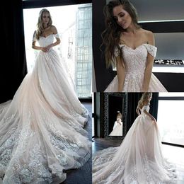 Country Wedding Dresses Off Shoulder Lace Appliques A Line Light Pink Beach Bridal Gowns Boho Robes De Mariee240b