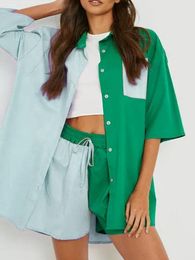 Dress Casual Block Colour Two Piece Women Suit Spring Turndown Collar Button Blouse & Hot Shorts Outfits Summer Loose Office Lady Sets