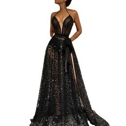 Sexy Black V-Neck Evening Gowns Lace Prom Dress With Slit Spaghetti Straps Special Occasion Dress Wear Custom Made