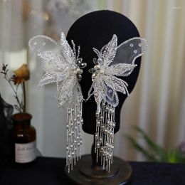 Hair Clips White Lace Sequins Crystal Beads Tassel Butterfly Wing Hairpin Wedding Accessories For Women