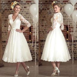 Vintage V Neck 3 4 Long Sleeves Lace A Line Wedding Dresses 2020 Tulle Applique Tea Length Short Bridal Wedding Gowns BM16503407