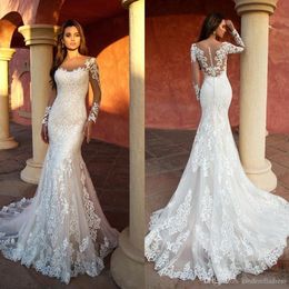 2022 Modern 3D Appliqued Lace Mermaid Wedding Dresses Sheer Neck Long Sleeve Bridal Gowns Illusion Wedding Dress robe de mariee B0200L