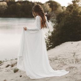 New Beach Abito da sposa maniche lunghe Boho scollo a V aperto indietro Abiti da sposa 2019 Abito da sposa in pizzo chiffon novias291N