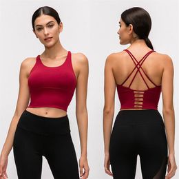 L-9095 Solid Colour Cross Thin Straps Yoga Tank Top Classic Sports Bra Women Fitness Vest Small Sling Training Clothes With Removab2779