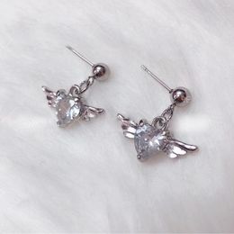 Stud Earrings Harajuku Vintage Heart Wing Crystal Titanium Steel Ear For Teens Women Rings Korean Fashion Egirl Y2K Jewelry