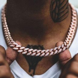 Chains Miami RoseGold Color Cuban Link Pink Rhinestone Necklace Chain Full Bling Punk Charm Hiphop Jewelry