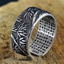 Cluster Rings S999 Pure Silver Heart Sutra Thai Retro Open Ring Fashion Men's Scripture Personality Wide Bamboo Pattern Jewellery