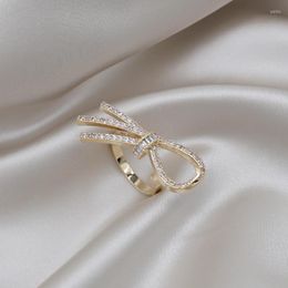 Cluster Rings Real Gold Plating Korea Design Fashion Jewelry Exquisite Luxury Zircon Bow Ring Simple Women's Party Opening Adjustable