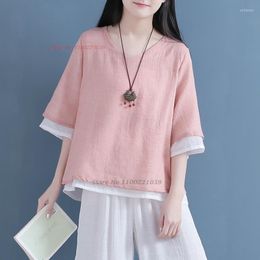 Ethnic Clothing 2023 Chinese Improved Hanfu Blouse Traditional Cotton Linen Oriental Vintage Service V-neck Women Zen Shirt