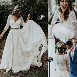 2019 Cheap Beach Boho Wedding Dresses Long Sleeves A Line White Chiffon Lace Plus Size Bride Dress Bridal Two Pieces Country Weddi183R