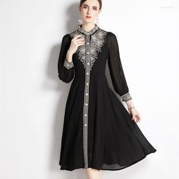 Casual Dresses Women High-End Vintage Party Dress Spring Chiffon Patchwork Embroidery Long Sleeve Elegant Single Breasted Midi